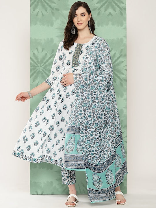 Yufta Women Ethnic Motifs Printed Regular Pure Cotton Kurta with Trousers & With Dupatta
