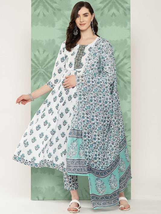 Yufta Women Ethnic Motifs Printed Regular Pure Cotton Kurta with Trousers & With Dupatta