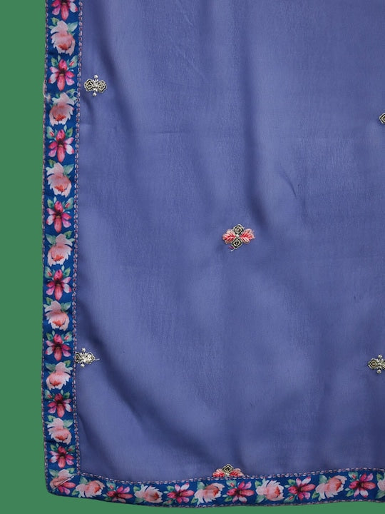 Sangria Blue Yoke Design Printed Georgette A-Line Empire Kurta With Trousers & Dupatta