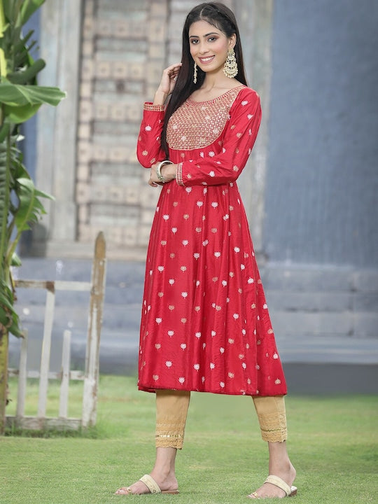 Juniper Women Red Printed Flared Sleeves Kurta