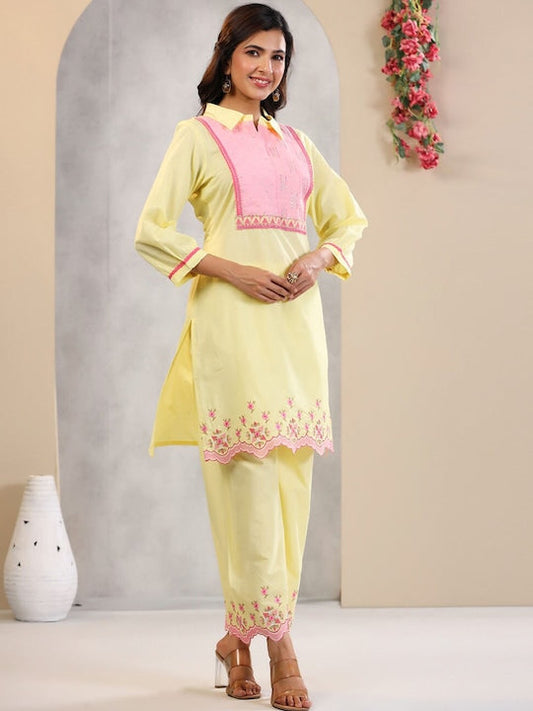 Readiprint Fashions Floral Yoke Design Regular Mirror Work Pure Cotton Kurta With Palazzos