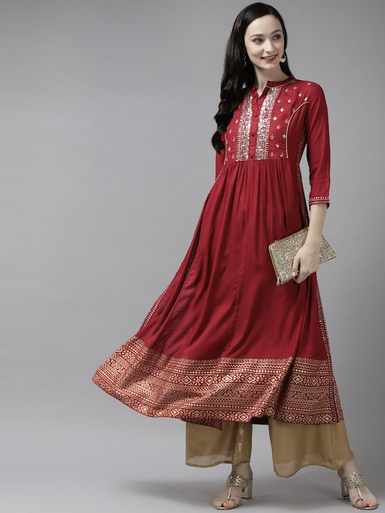 Yufta Women Red Sequins Embroidered Kurta - XL