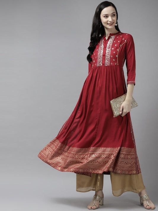 Yufta Women Red Sequins Embroidered Kurta - XL