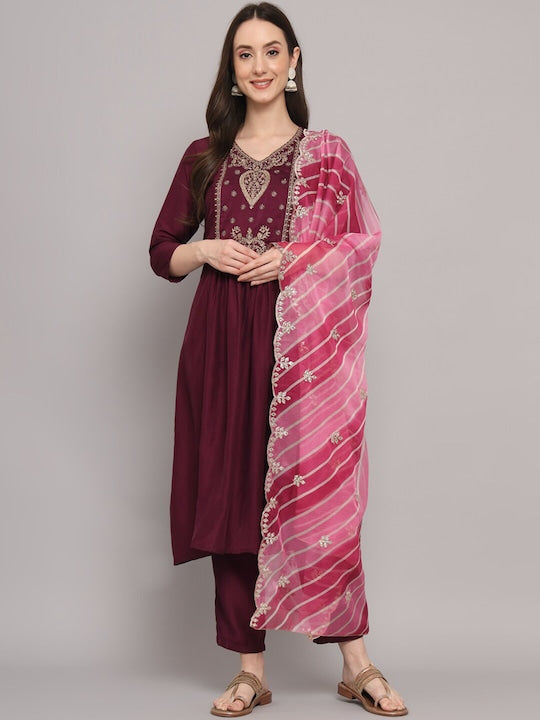 Myshka Ethnic Motifs Embroidered Gotta Patti Pure Silk Kurta With Trousers & Dupatta