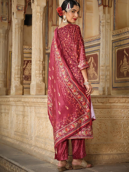 Scakhi Women Rust Floral Printed Sequinned Velvet Kurta with Trousers & With Dupatta