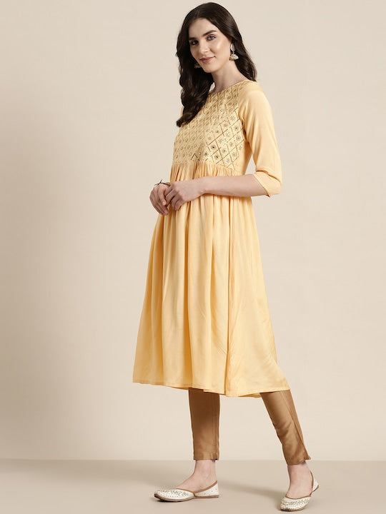 Here&now Sequined Mirror Work A-Line Kurta