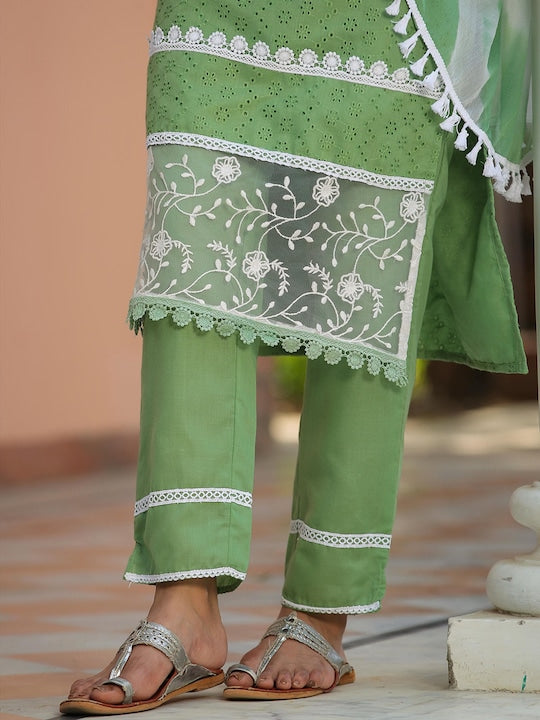 SCAKHI Floral Embroidered Chikankari Pure Cotton Kurta With Trousers & With Dupatta