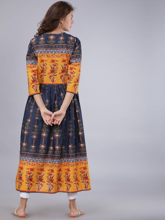 Vishudh Women Navy Blue & Mustard Yellow Floral Printed A-Line Kurta