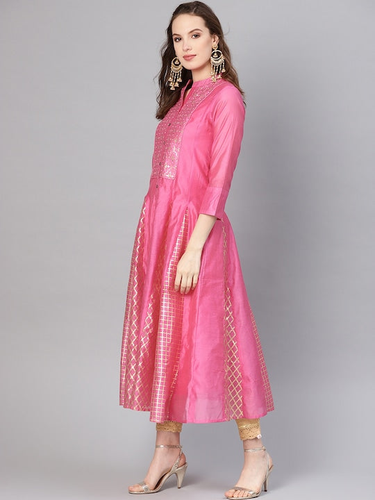 Juniper Women Pink & Golden Foil Printed Layered Anarkali Kurta