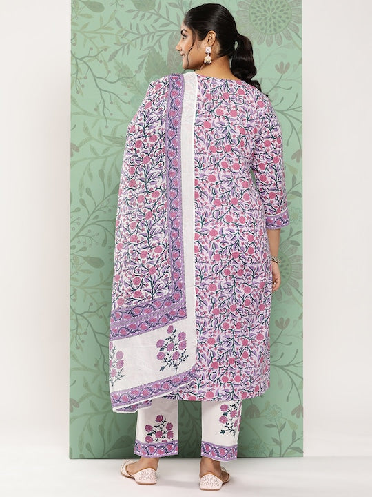 Yufta Plus Size Ethnic Motifs Printed Pure Cotton Kurta with Trousers & With Dupatta