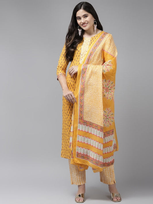 Yufta Women Yellow Floral Printed Gotta Patti Pure Cotton Kurta with Trousers & With Dupatta - S