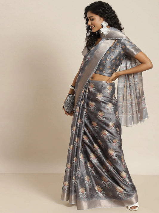 All about you Grey & White Floral Zari Silk Blend Mysore Silk Saree