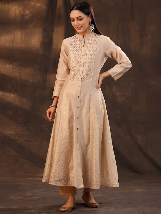 Juniper Women Beige & Golden Foil Print Layered Anarkali Kurta