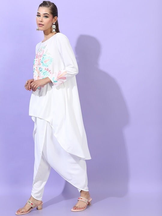 Vishudh Women White Printed High-Low Kurta With Dhoti Pants