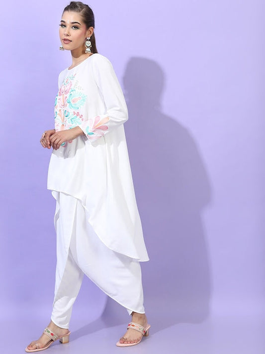 Vishudh Women White Printed High-Low Kurta With Dhoti Pants