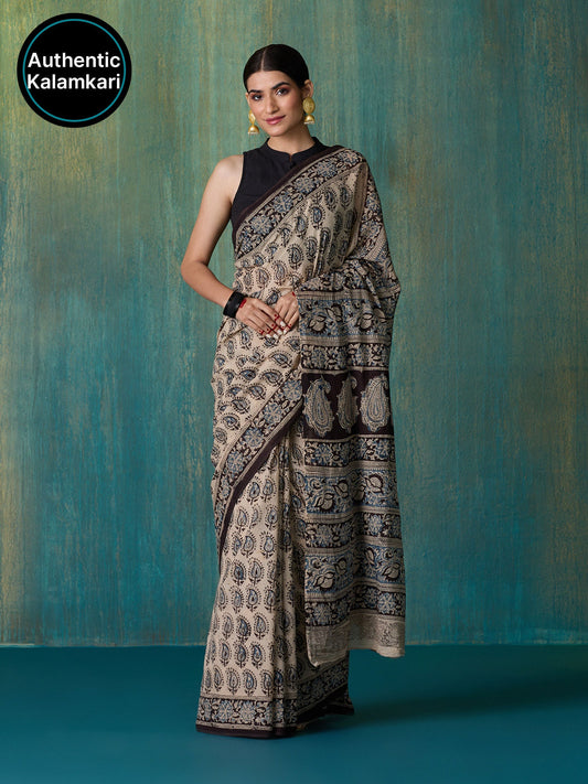 Likha Beige Cotton Kalamkari handblock printed Saree with Unstitched Blouse LIKSAR131 (Free Size)