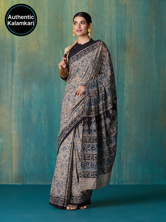 Likha Black Cotton Kalamkari handblock printed Saree with Unstitched Blouse LIKSAR140