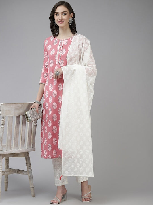 Yufta Women Floral Printed Pure Cotton Kurta with Trousers & Dupatta