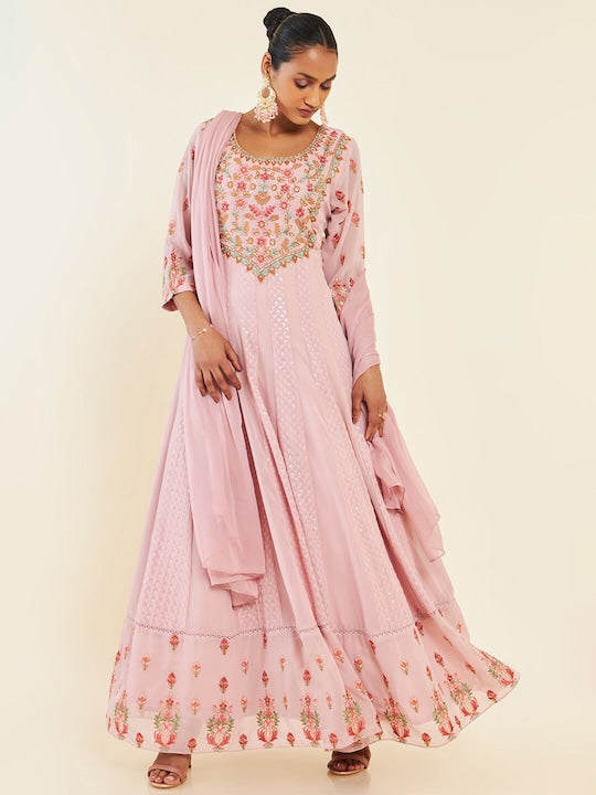 Soch Pink Floral Embroidered Panelled Anarkali Kurta With Churidar & Dupatta