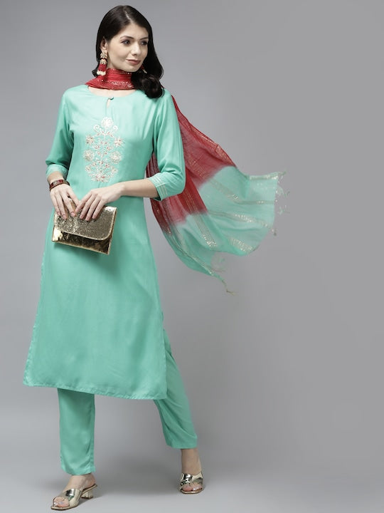 Yufta Women Sea Green Ethnic Motifs Gotta Patti Kurta with Trousers & With Dupatta