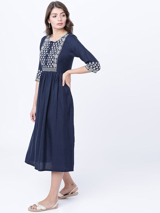 Vishudh Women Navy Blue Printed Fit and Flare Dress