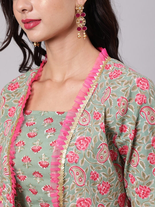 AKS Printed Pure Cotton Crop Top & Palazzos With Jacket