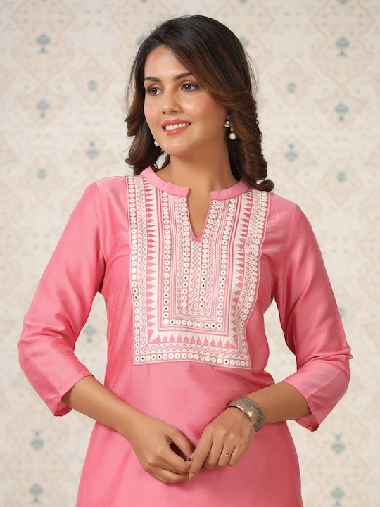 House of Pataudi Printed Mandarin Collar Thread Work Kurta