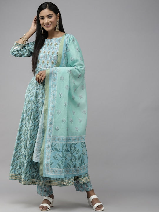 Yufta Women Blue Printed Panelled Pure Cotton Kurta with Trousers & With Dupatta