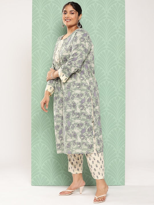 Yufta Women Plus Size Floral Printed Pure Cotton Kurta with Trousers & With Dupatta - 6XL
