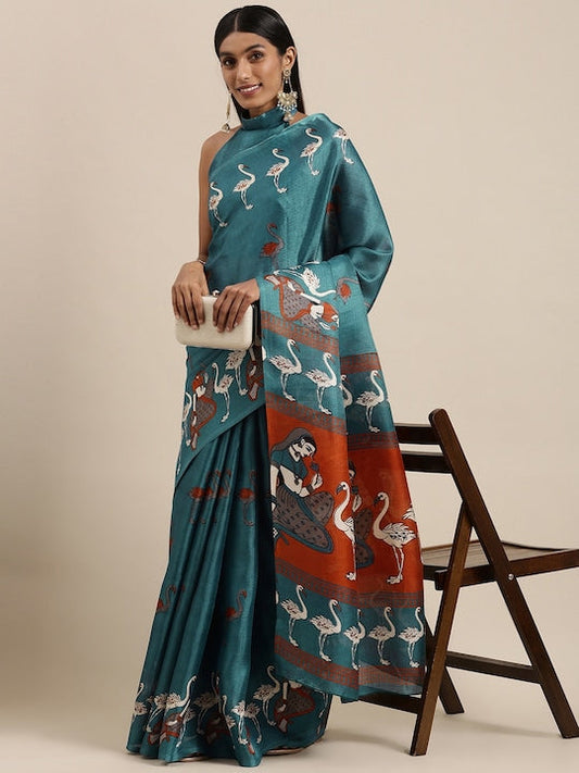 Saree mall Teal & White Ethnic Motifs Print Art Silk Block Print Saree