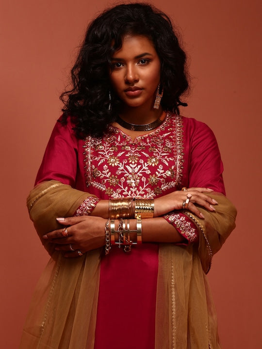 IMARA Ethnic Motifs Yoke Design Thread Work Shantoon Kurta With Trousers & Dupatta