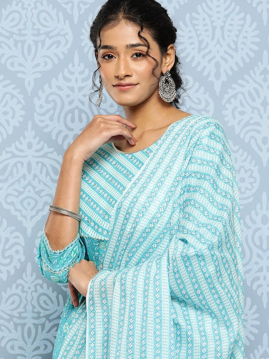 Yufta Women Blue Floral Embroidered Regular Sequinned Pure Cotton Kurta with Trousers & With Dupatta