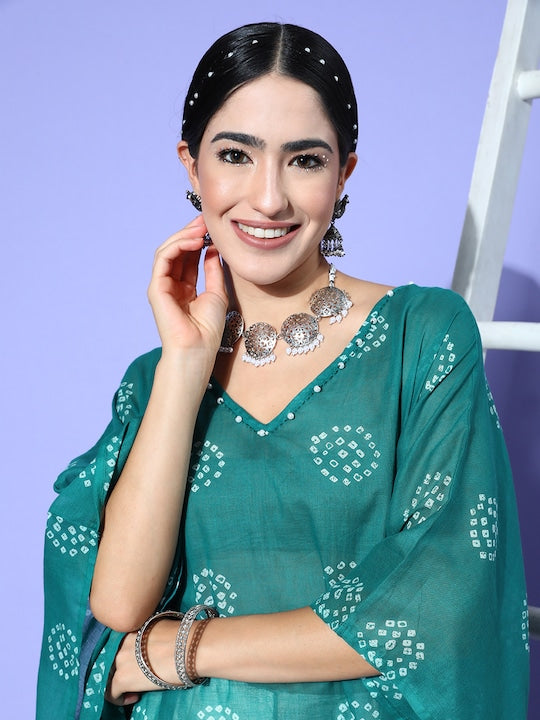 Yufta Women Teal Bandhani Printed Flared Sleeves Kaftan Kurta