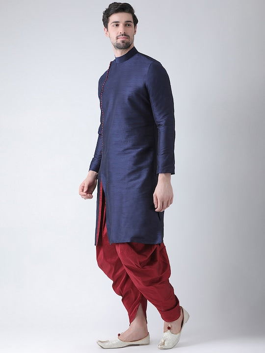 Deyann Men Navy Blue & Maroon Solid Straight Kurta