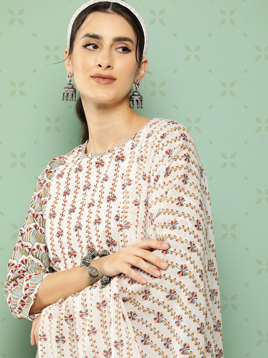 Yufta Women Ethnic Motifs Printed Regular Pure Cotton Kurta with Trousers & With Dupatta