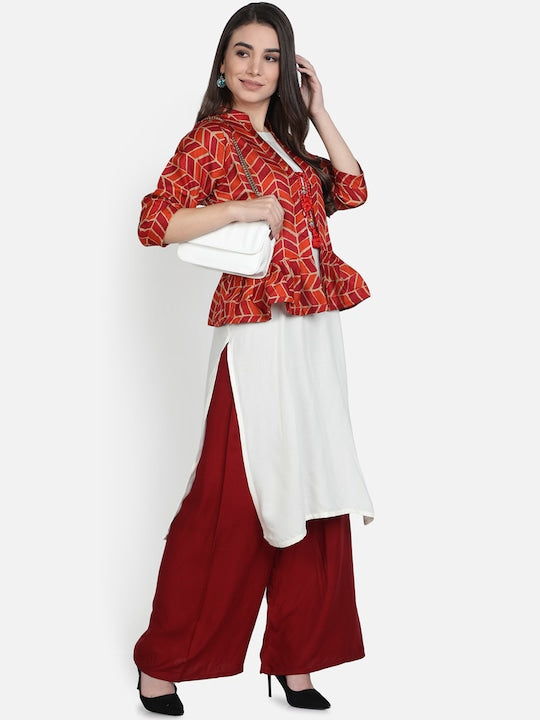 Fabclub Women White & Red Kurta With Pleated Jacket Kurta