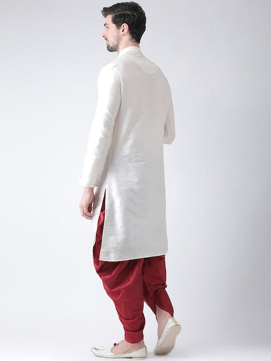 Deyann Men Off-White & Red Dupion Silk Solid Kurta with Patiala