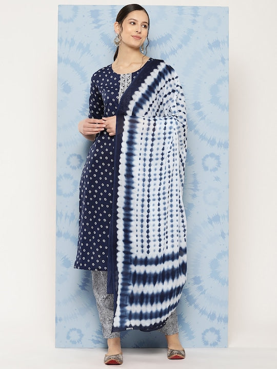 Yufta Ethnic Motifs Embroidered Pure Cotton Kurta with Trousers & Dupatta