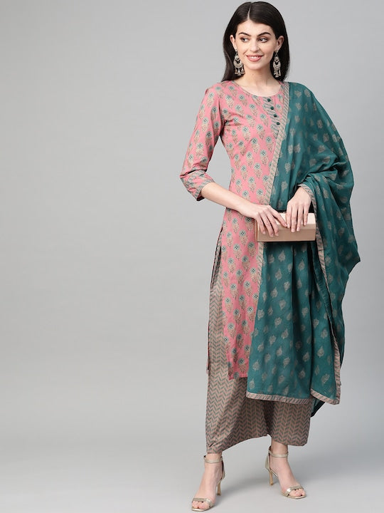 Yufta Women Pink & Blue Printed Kurta with Palazzos & Dupatta