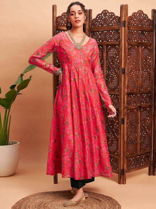 Shae by Sassafras Pink & Yellow Floral Printed Chanderi Silk Anarkali Kurta