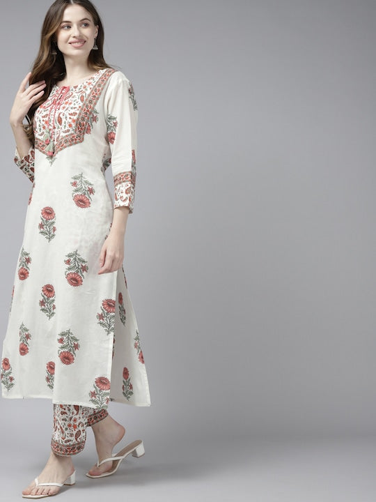 Yufta Women White Floral Printed Regular Pure Cotton Kurta with Trousers & With Dupatta