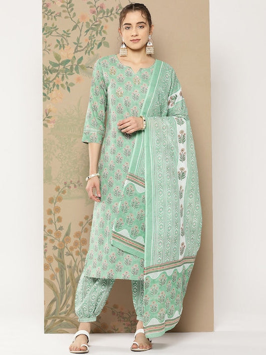 Yufta Women Sea Green Floral Printed Regular Pure Cotton Kurta with Harem Pants & With Dupatta