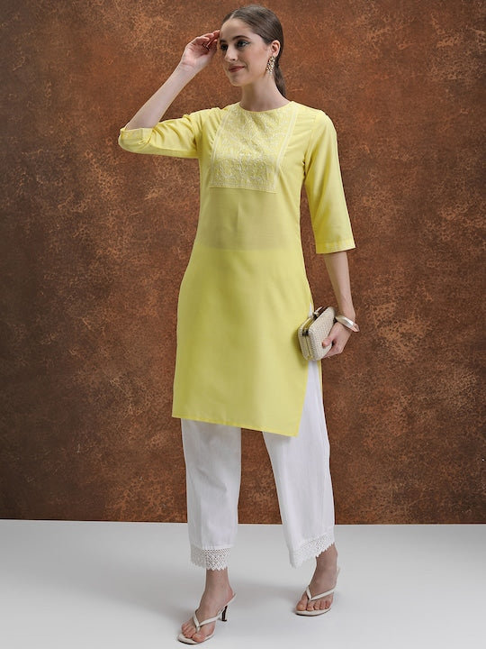 Vishudh Yellow Floral Yoke Design Thread Work Straight Kurta