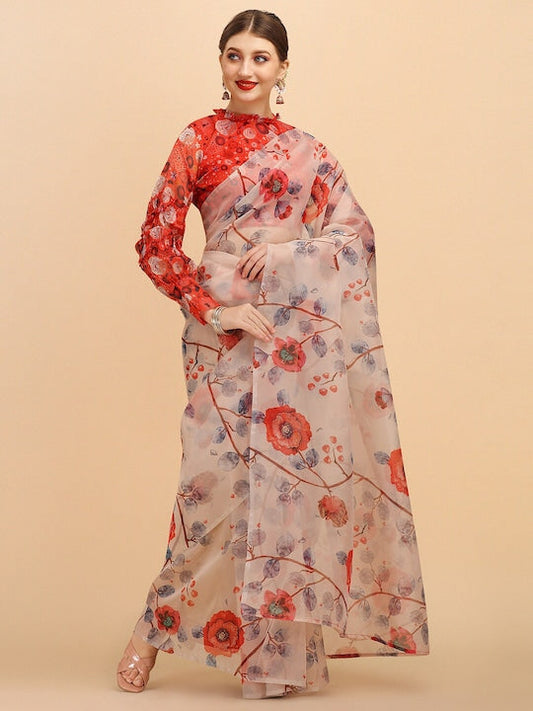 Sangria Floral Printed Festive Organza Saree