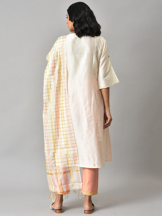 Aurelia Women White Floral Embroidered Liva Kurta with Trousers & Banaras Dupatta