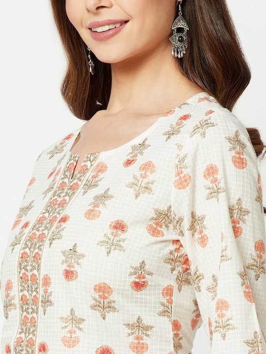 IMARA Floral Printed Flared Sleeves Thread Work Cotton Kurta