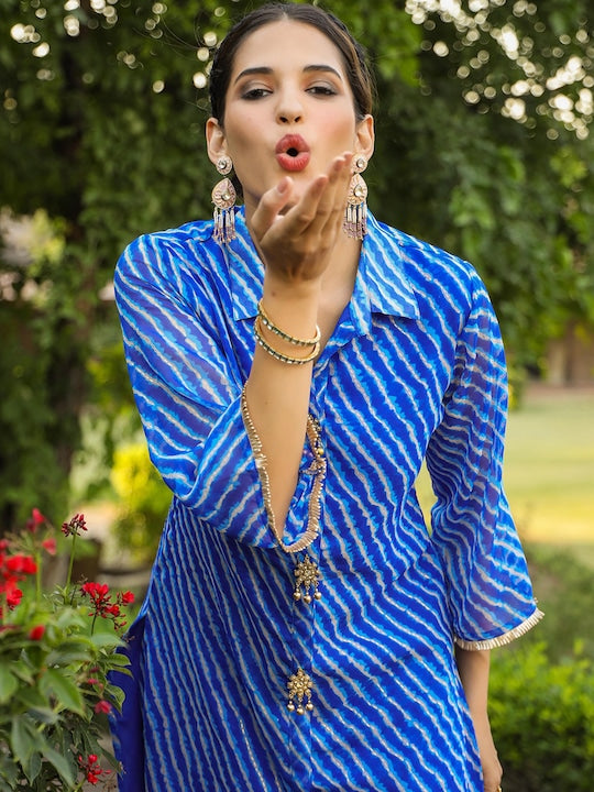 SCAKHI Laheriya Printed Shirt Collar Kurta With Trousers