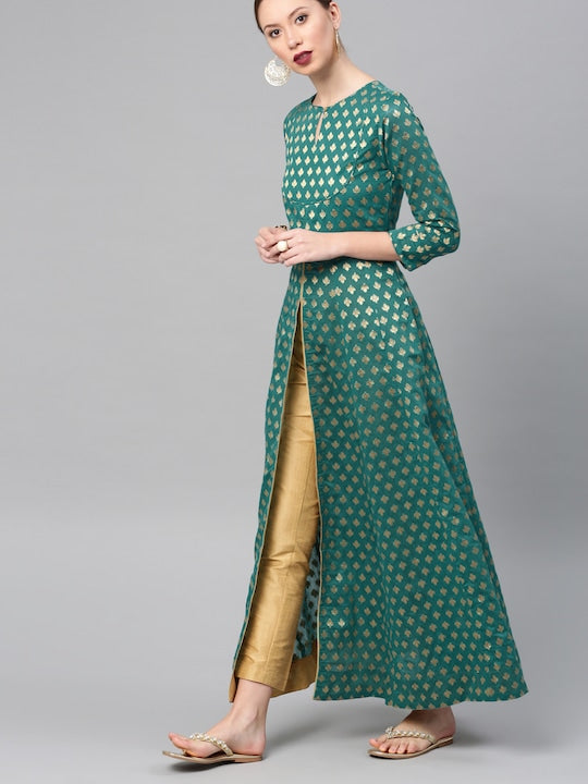 Vishudh Women Teal & Gold-Toned Self Design Kurta with Trousers - XXL