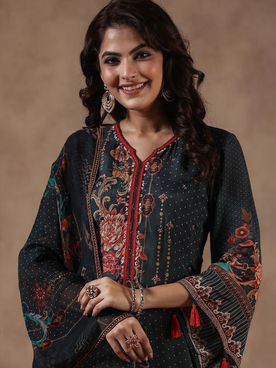 Scakhi Ethnic Motifs Printed Pakistani Style Kurta With Trousers & Dupatta