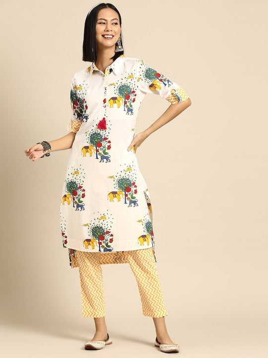 Sangria Floral Printed Pure Cotton Kurta with Trousers